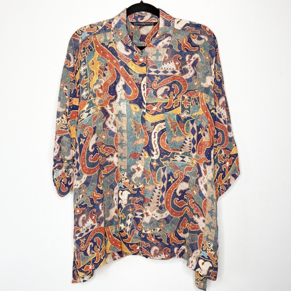 Peruvian Connection XL Viscose Abstract Paisley Art Print Button Up Blouse Top